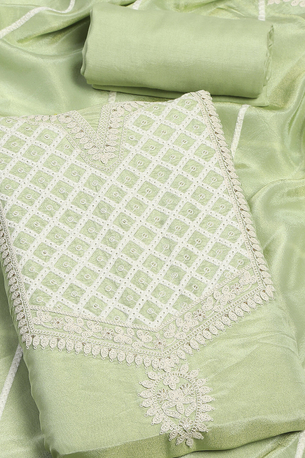 Green Tissue Machine Embroidered Unstitched Suit Set image number 1