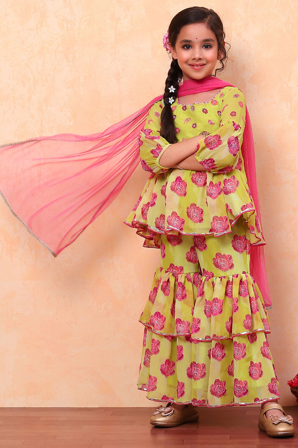 Lime Green Poly Georgette Floral Gathered Flared Suit Set image number 0