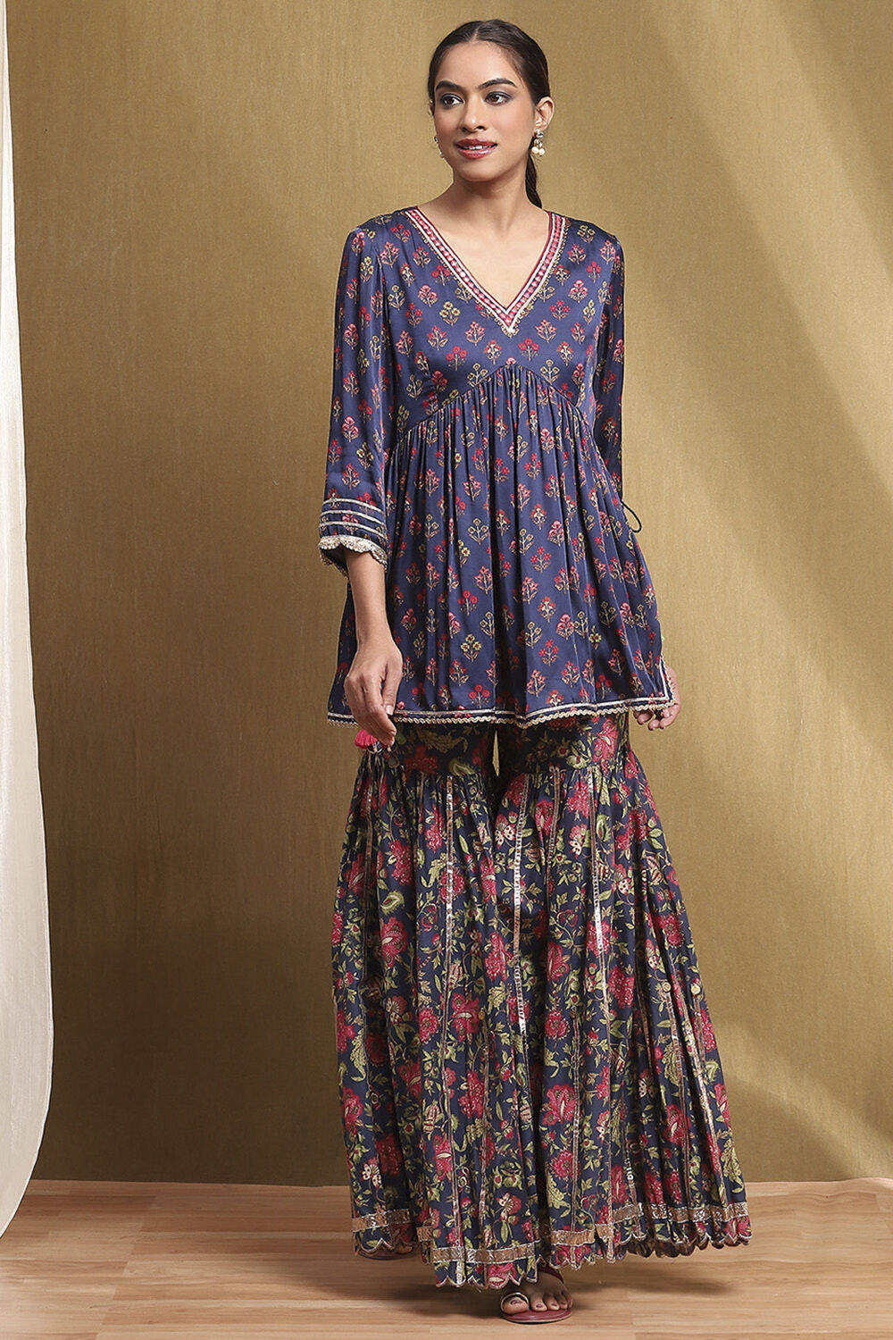 Navy Blue Viscose Floral Peplum Suit Set image number 6