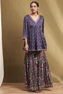 Navy Blue Viscose Floral Peplum Suit Set image number 6