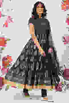 Rohit Bal Navy Blue Chanderi Silk Anarkali Solid Suit Set image number 0