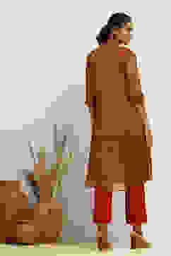 Mustard and Maroon Georgette Printed A-Line Kurta image number 3