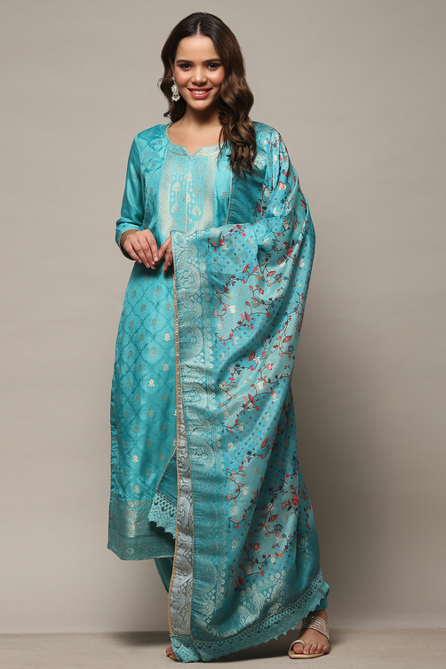 Green Cotton Blend Unstitched Suit Set image number 8