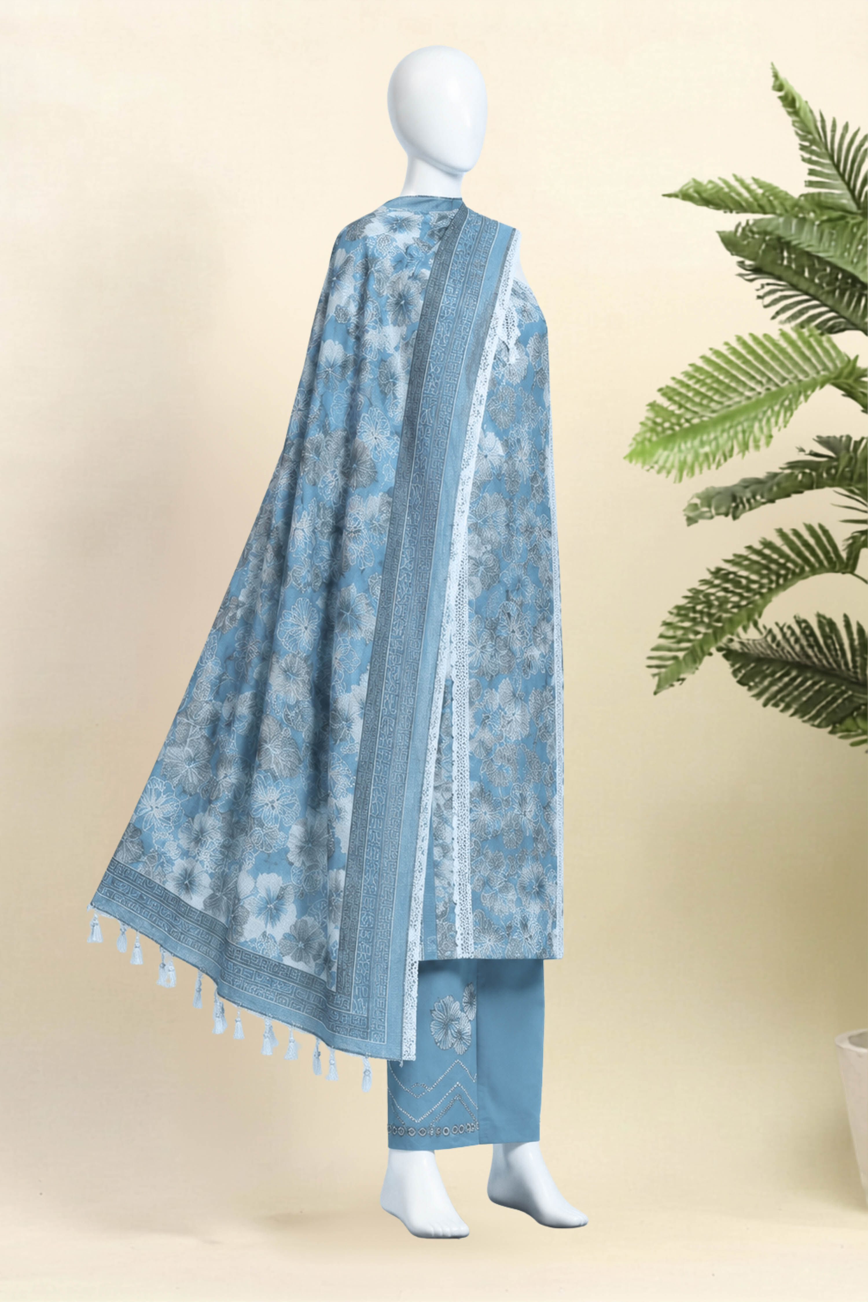 Blue Cotton Printed Unstitched Suit Set image number 4