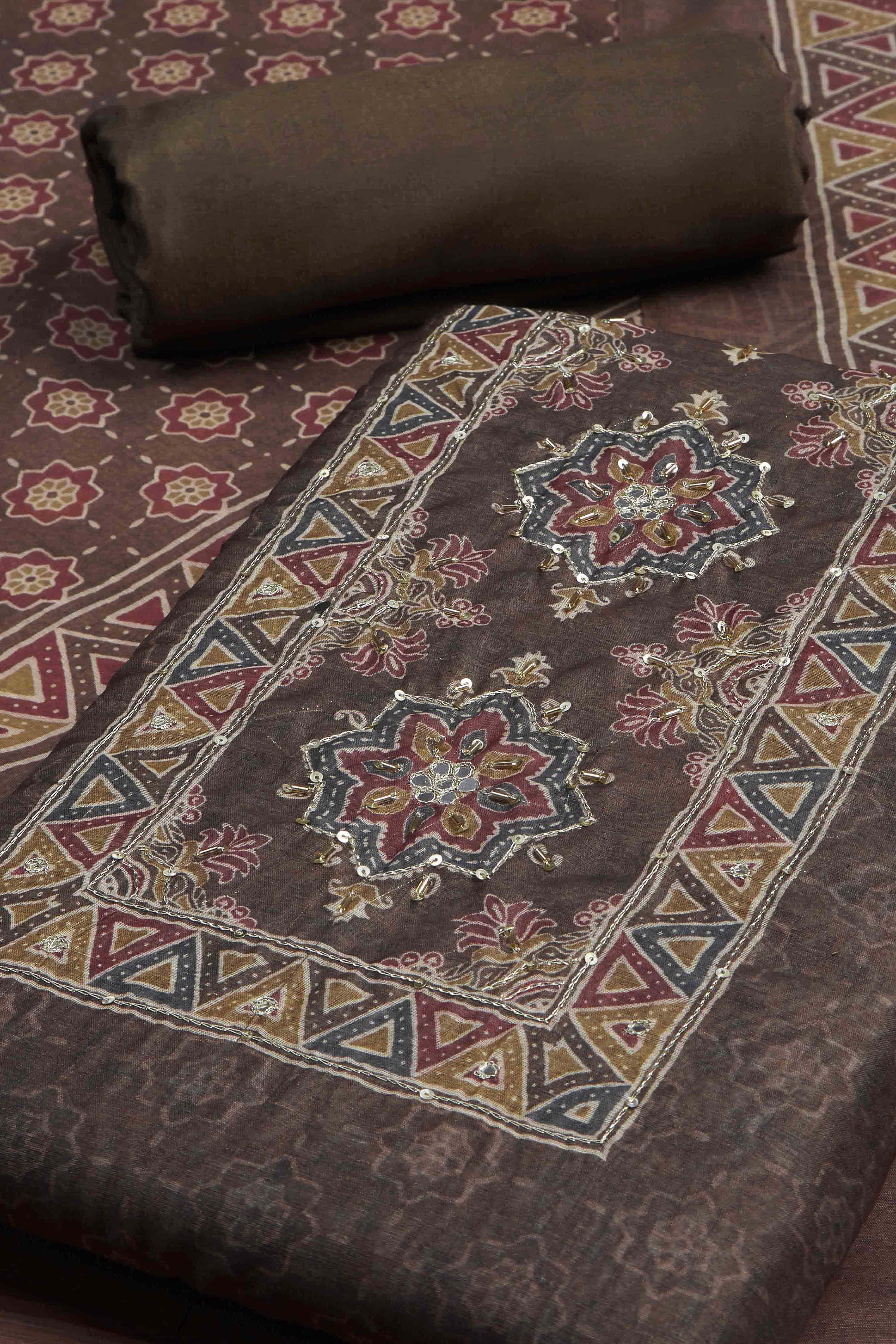 Brown Chanderi Rajasthani Print Unstitched Suit Set image number 1