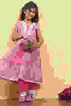 Pink Cotton Tiered Printed Kurta Salwar Set image number 7