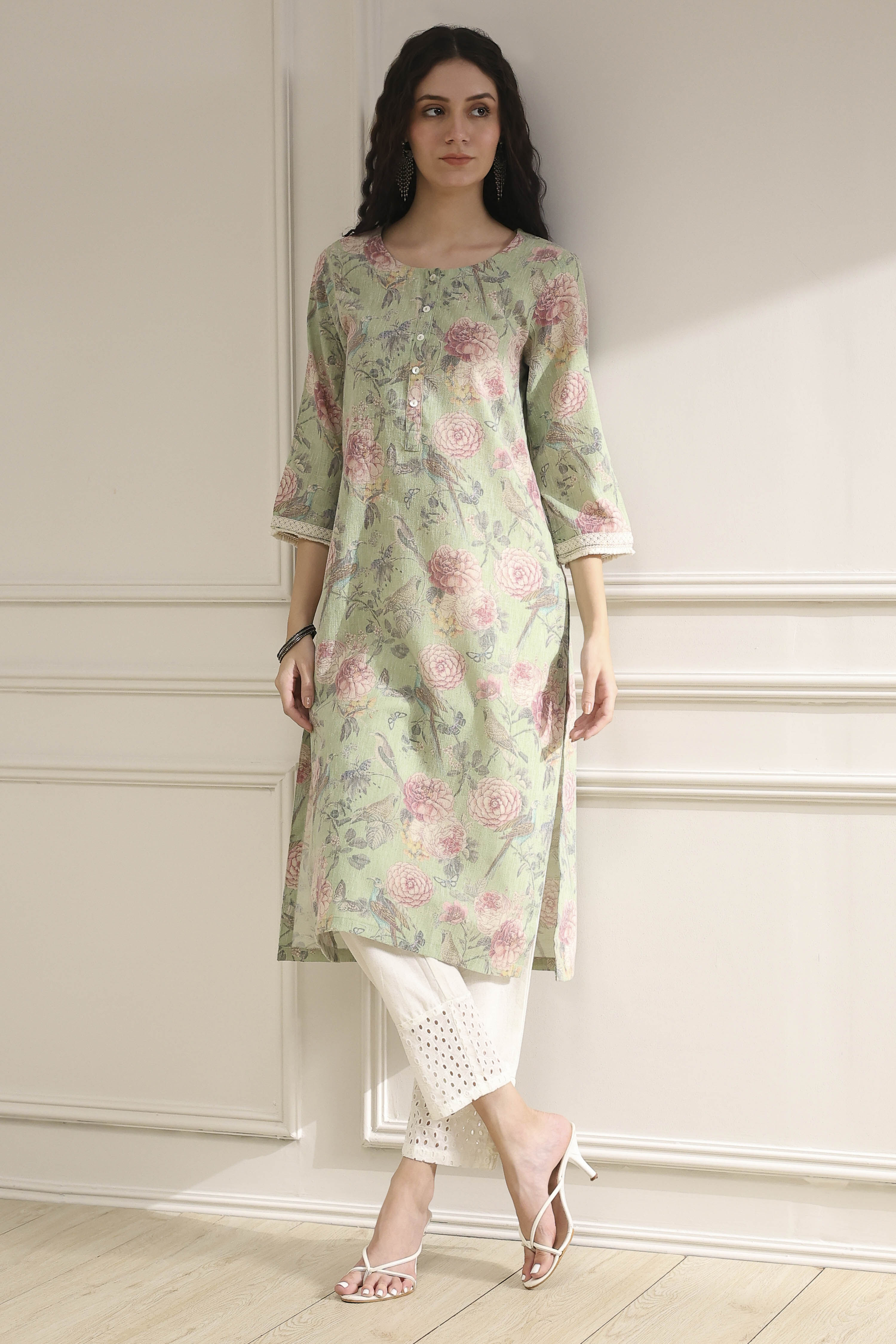 Light Green Cotton Blend Printed Straight Kurta image number 0