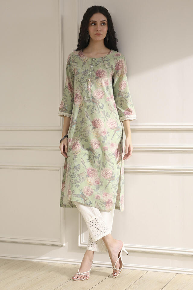 BIBA Light Green Cotton Blend Straight Printed Kurta in Light Green