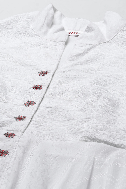 White Cotton Asymmetric Anarkali & Churidar Suit Set image number 1