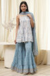 White and Blue Cotton Floral Flared Suit Set image number 6