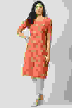 Burnt Orange Art Silk Straight Printed Kurta image number 0