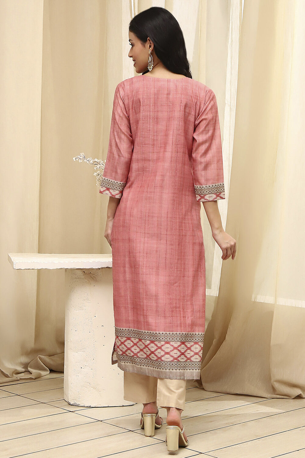 Peach Cotton Screen Print Unstitched Suit Set image number 5