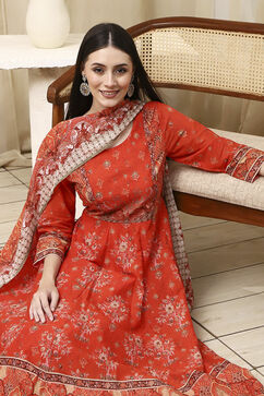 Orange Cotton Printed Anarkali Suit Set image number 0