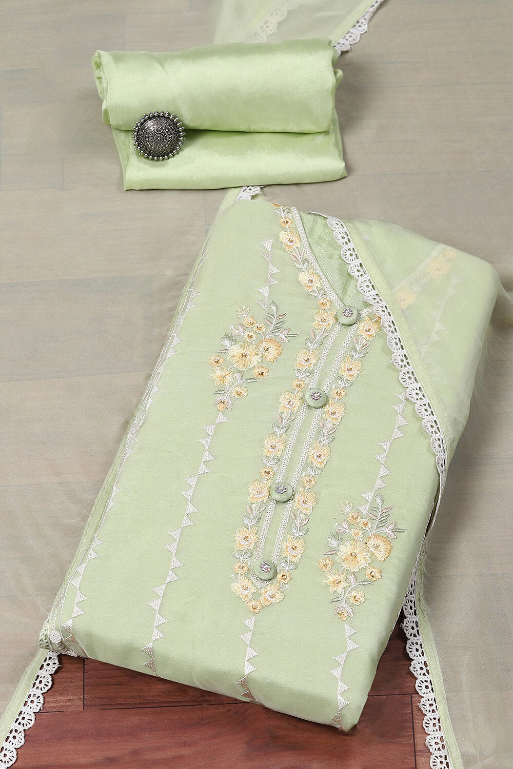 Light Green Organza Digital Print Unstitched Suit Set image number 0