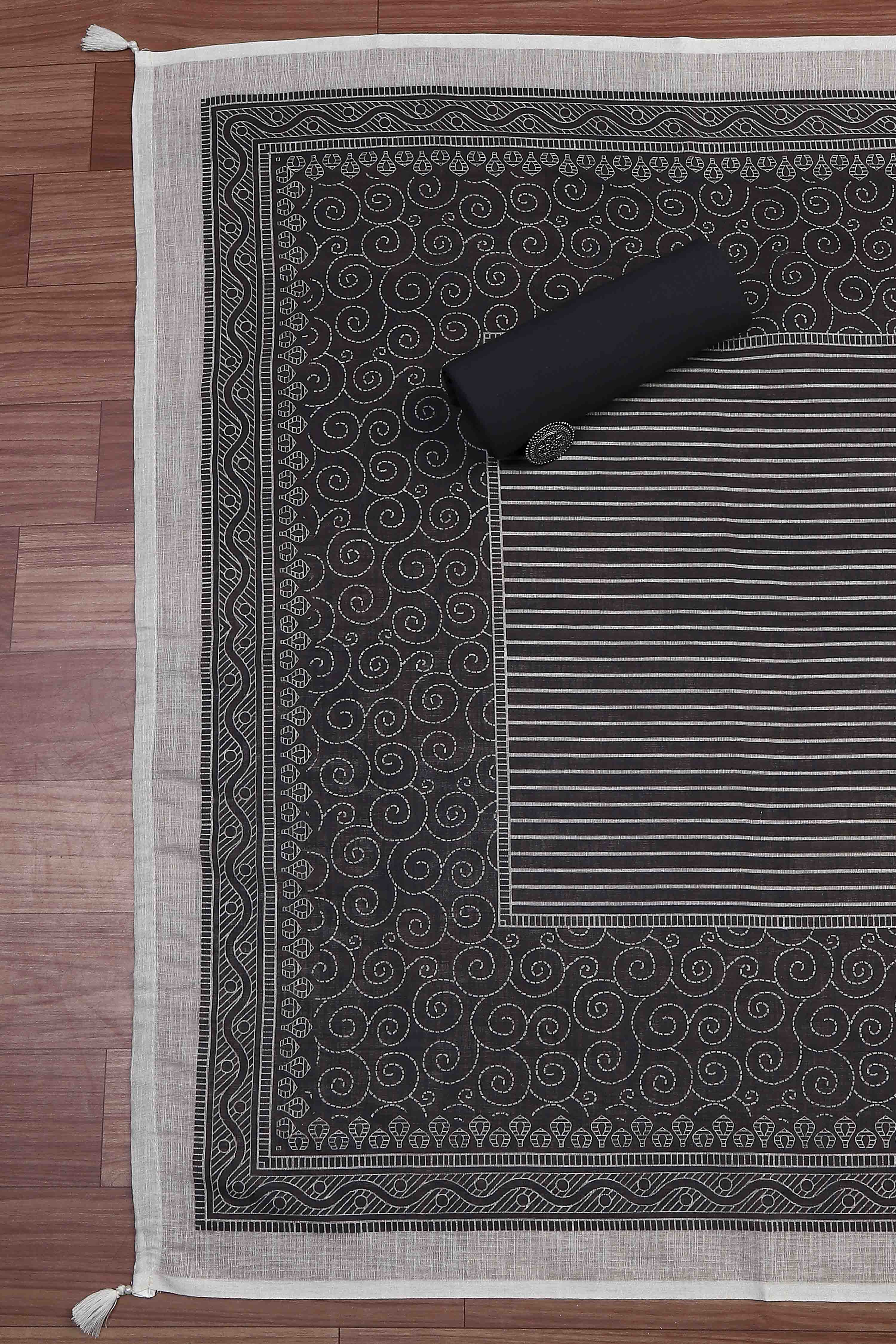 Green Black Linen Royal Swirl Jal Print Unstitched Suit Set image number 3