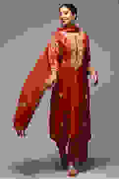 Terracotta Cotton Straight Kurta Palazzo Suit Set image number 0