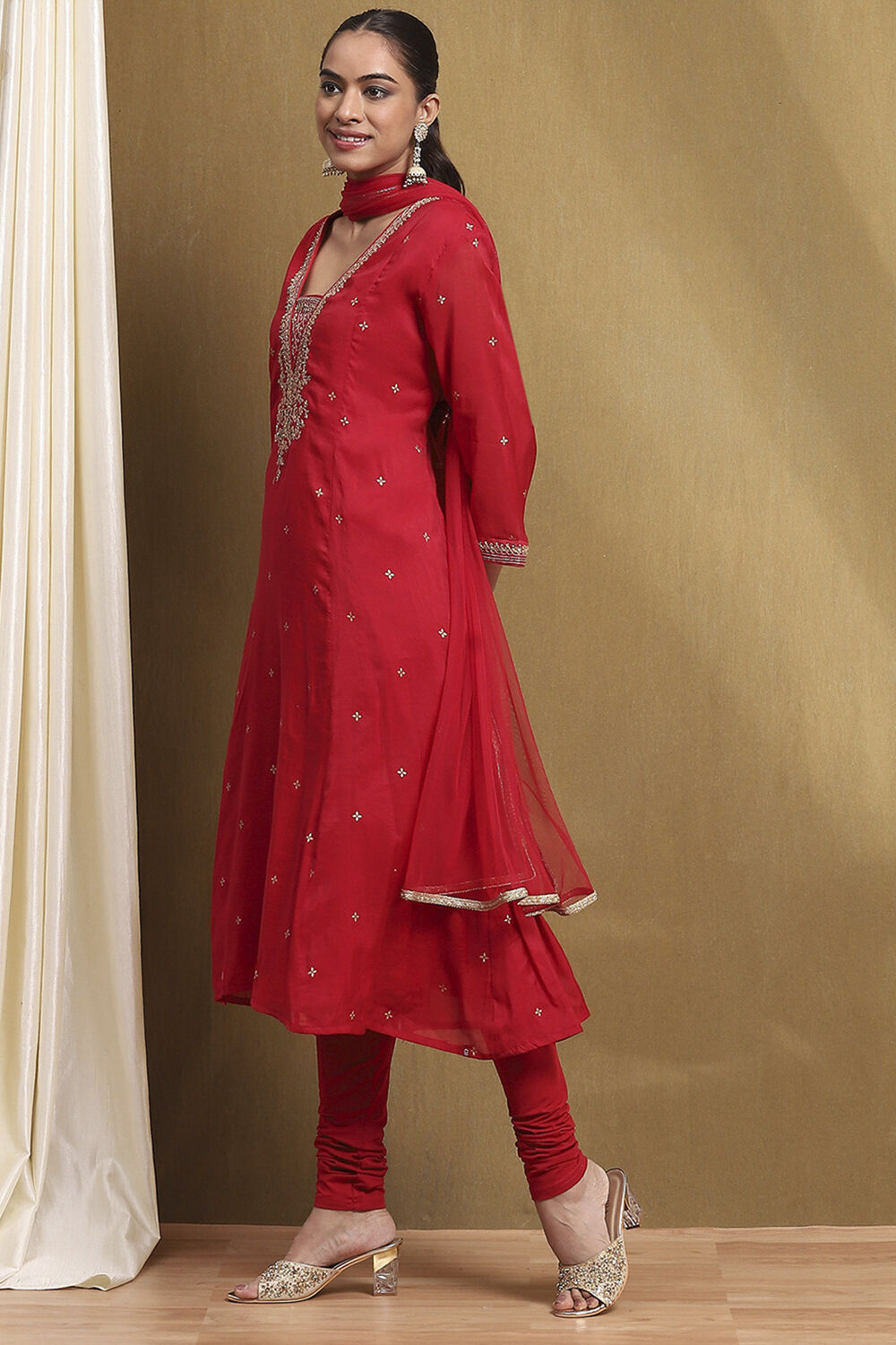 Red Embroidered Festive Kalidar Suit Set image number 3