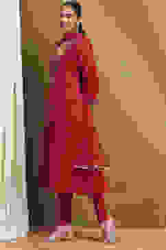 Red Embroidered Festive Kalidar Suit Set image number 3