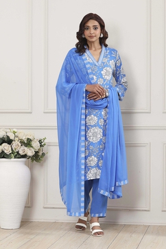 Blue Floral Printed Straight Suit Set