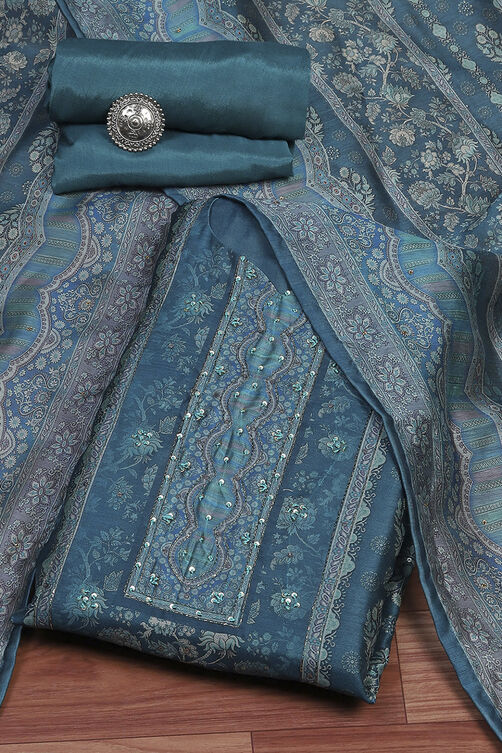 Teal Chanderi Unstitched Suit Set image number 0