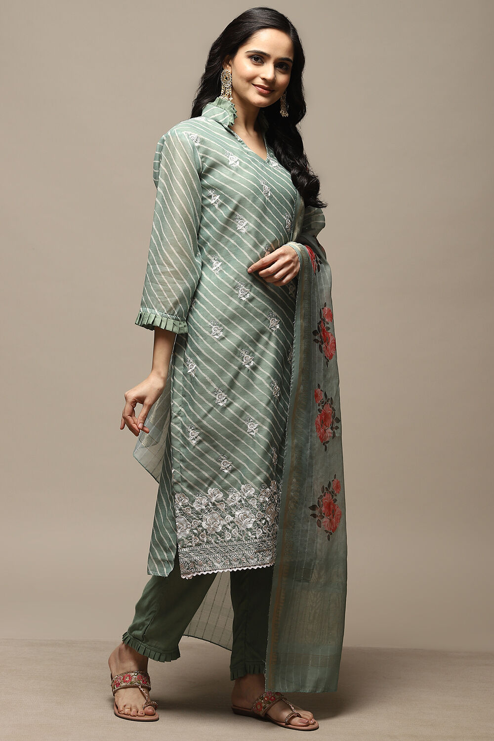 Green Cotton Digital Print Unstitched Suit Set image number 5