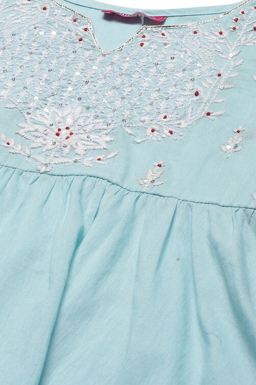 Sky Blue Cotton Flared Embroidered Kurta Set image number 1