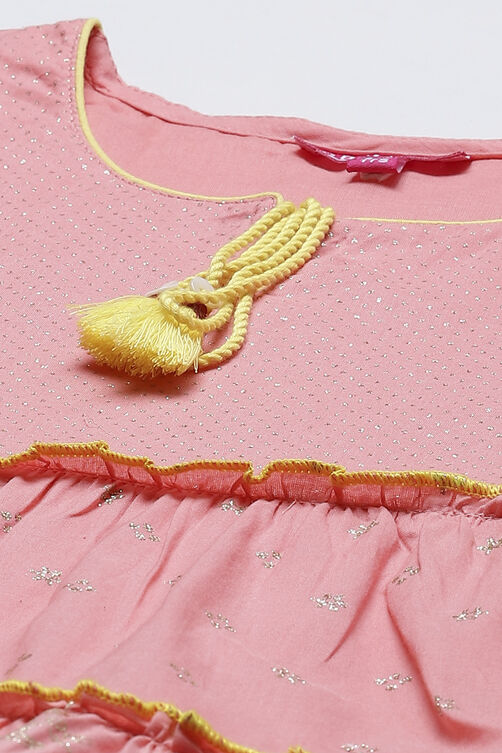 Peach Cotton Girls Tiered Kurta Churidar Suit Set image number 1