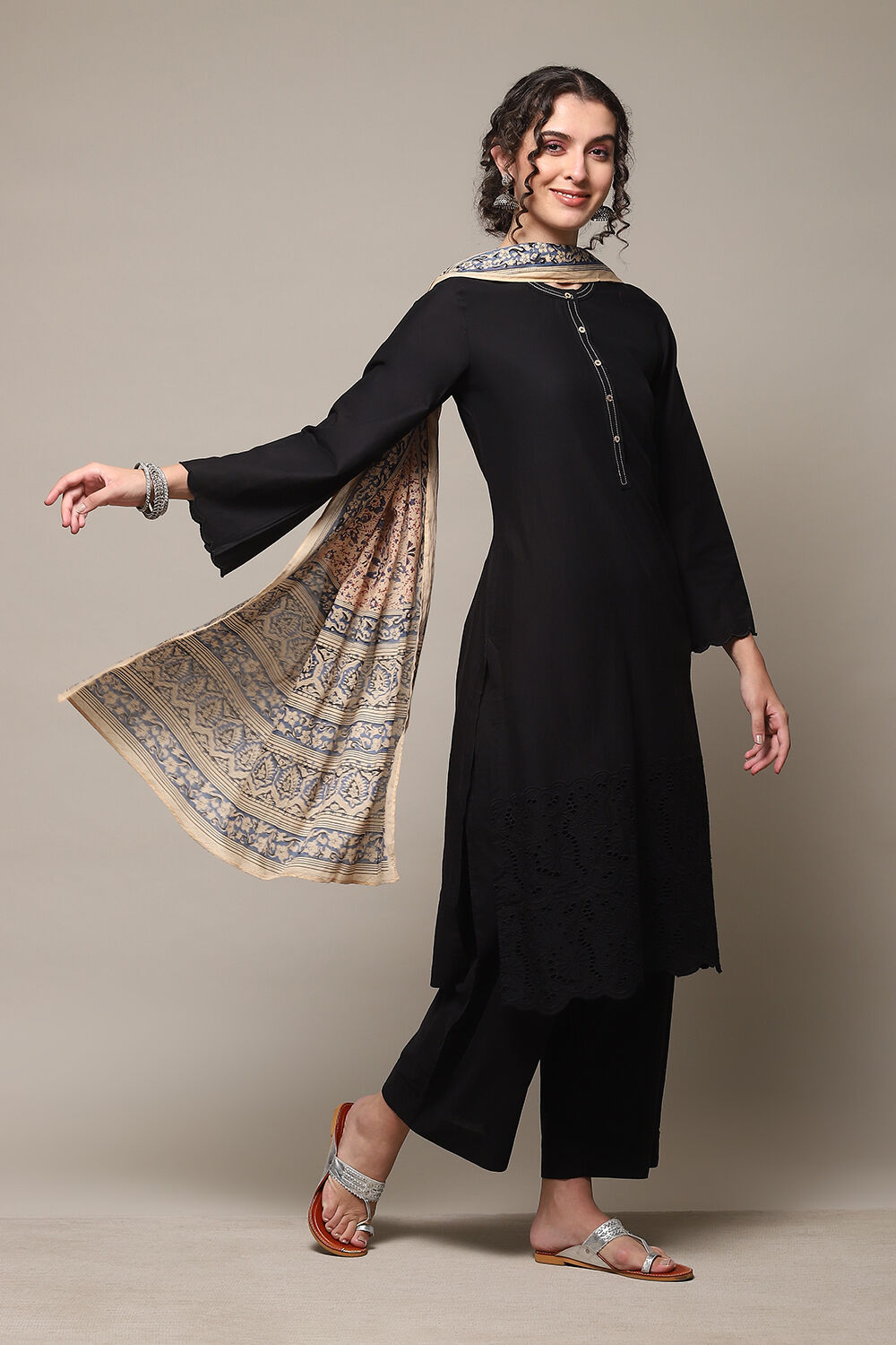 Black Cotton Straight Kurta Palazzo Suit Set image number 0