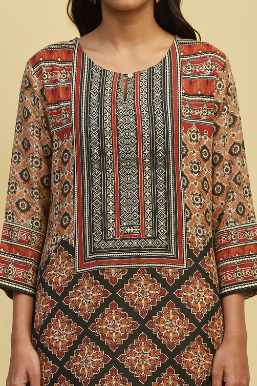 Brown Ethnic Motifs Printed Straight Kurta image number 1