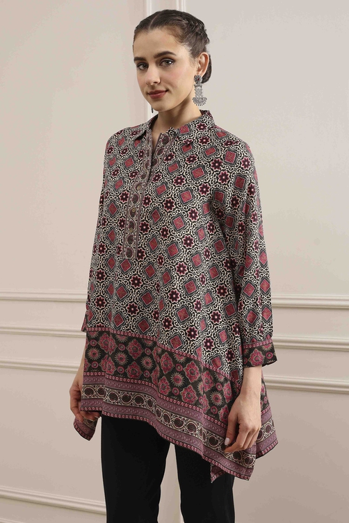 Beige Red Viscose Rayon Relaxed Printed Top image number 2
