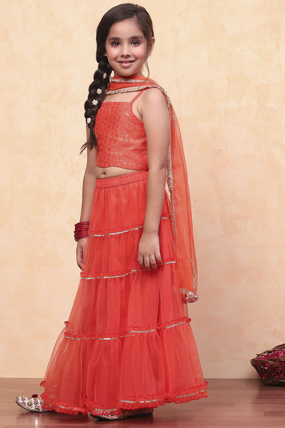 Orange Poly Chanderi Metallic Tiered Flared Lehenga Set image number 3