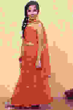 Orange Poly Chanderi Metallic Tiered Flared Lehenga Set image number 3