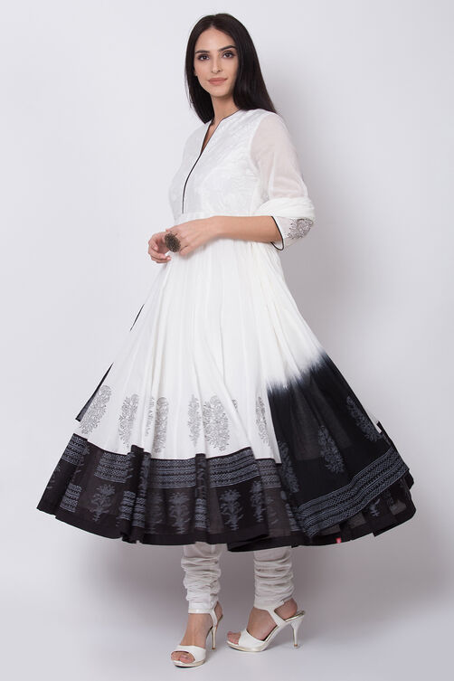Off White And Black Cotton Anarkali Kurta Churidar Suit Set image number 0