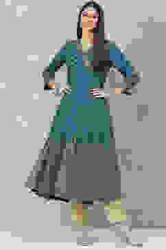 Teal Rayon Flared Printed Kurta image number 0