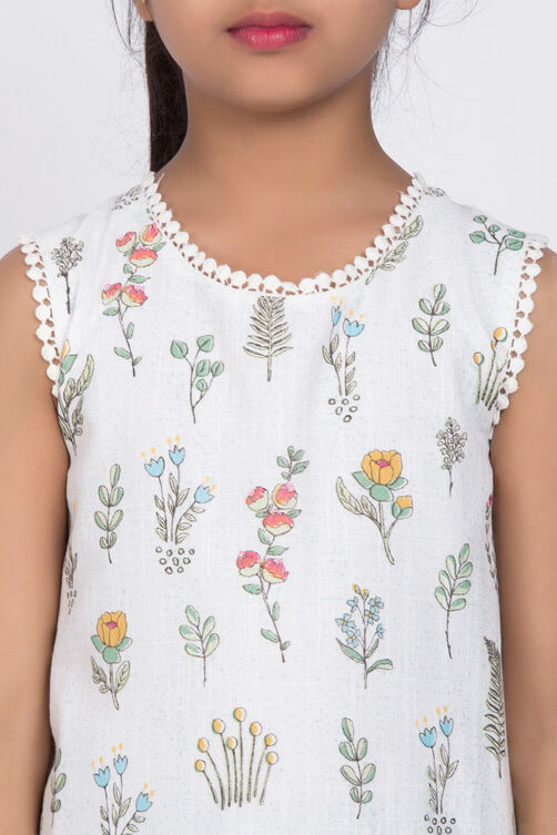 White Cotton A-Line Printed Dress image number 1