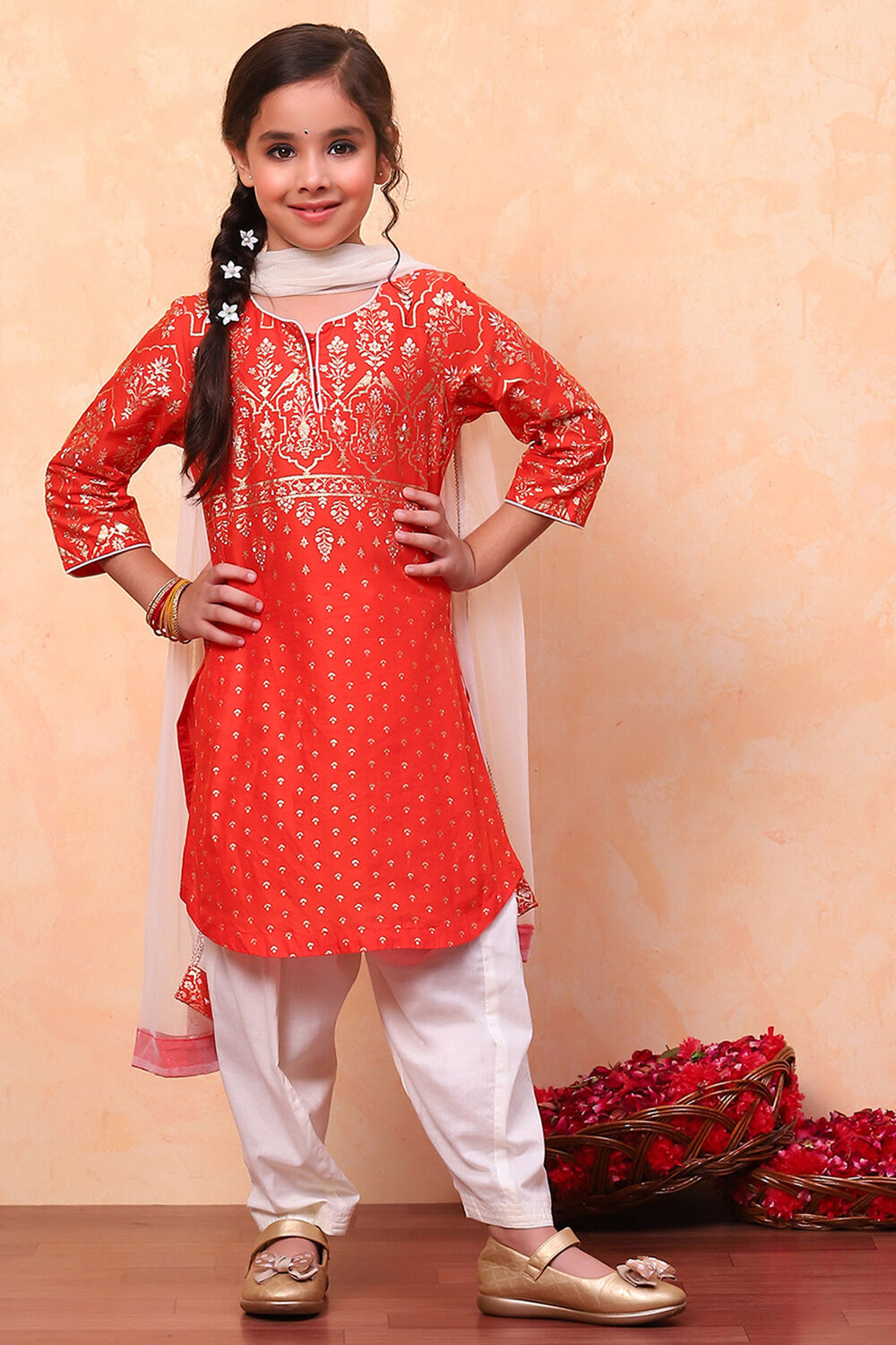 Orange and White Cotton Printed Straight Suit Set image number 0