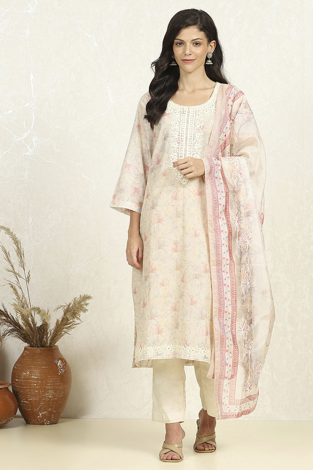 Beige Chanderi Unstitched Suit Set image number 7