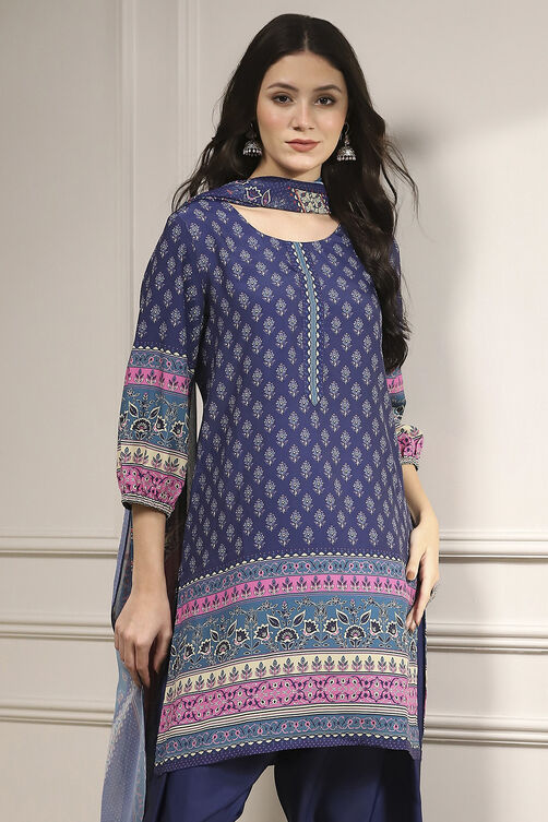 Blue Printed Straight Suit Set image number 7