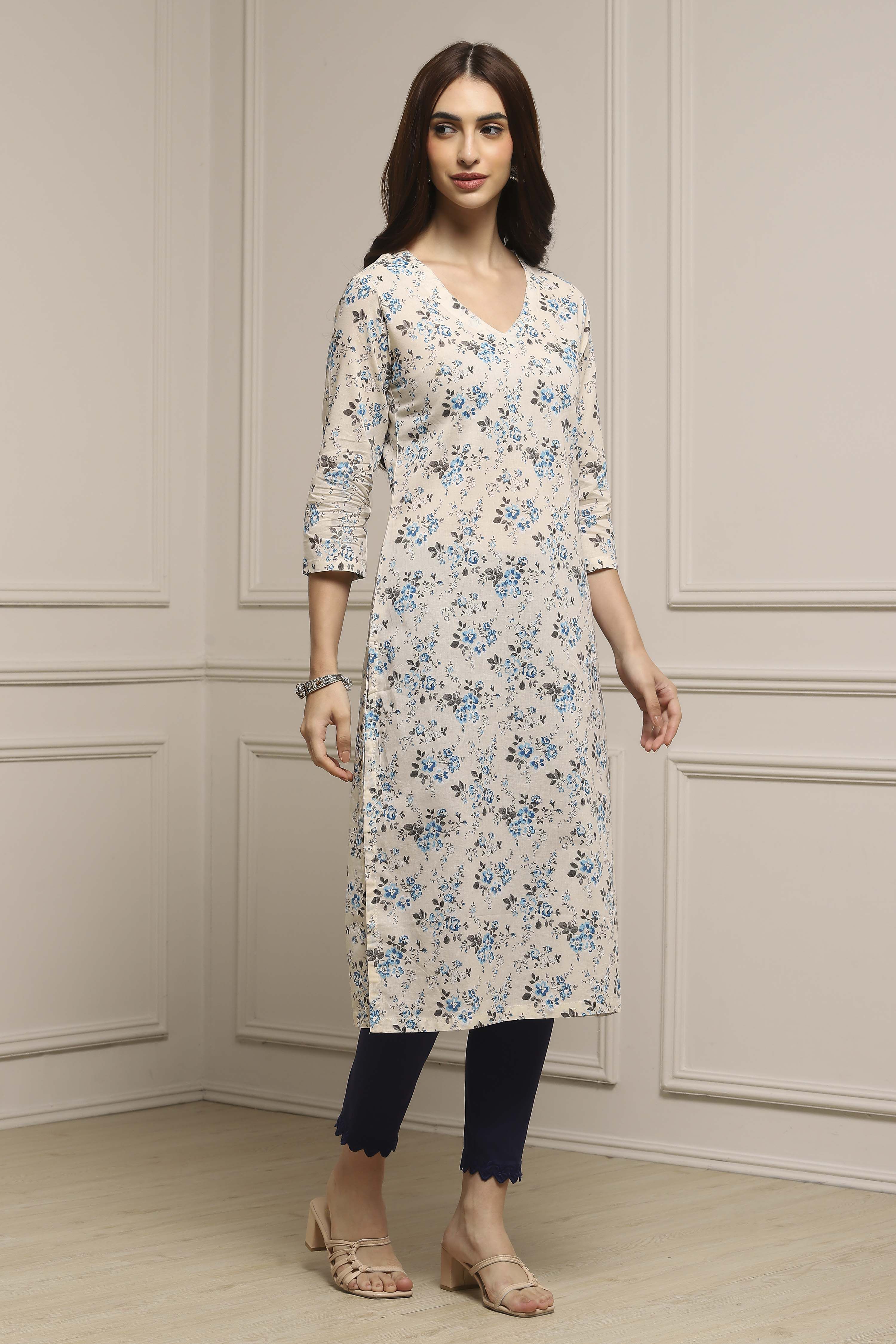 Cream Cotton Kurta image number 4