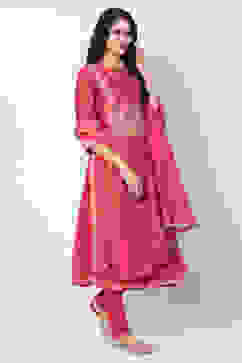 Coral Cotton Blend Flared Kurta Churidar Suit Set image number 3