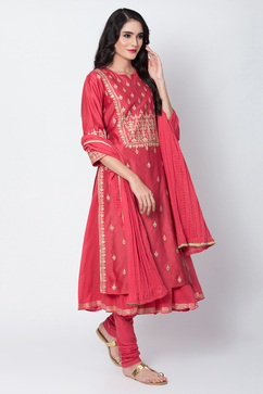 Coral Cotton Blend Flared Kurta Churidar Suit Set image number 3