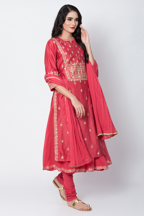 Coral Cotton Blend Flared Kurta Churidar Suit Set image number 3