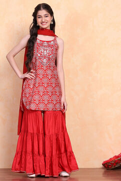 Red Viscose Blend Sharara Suit Set image number 0