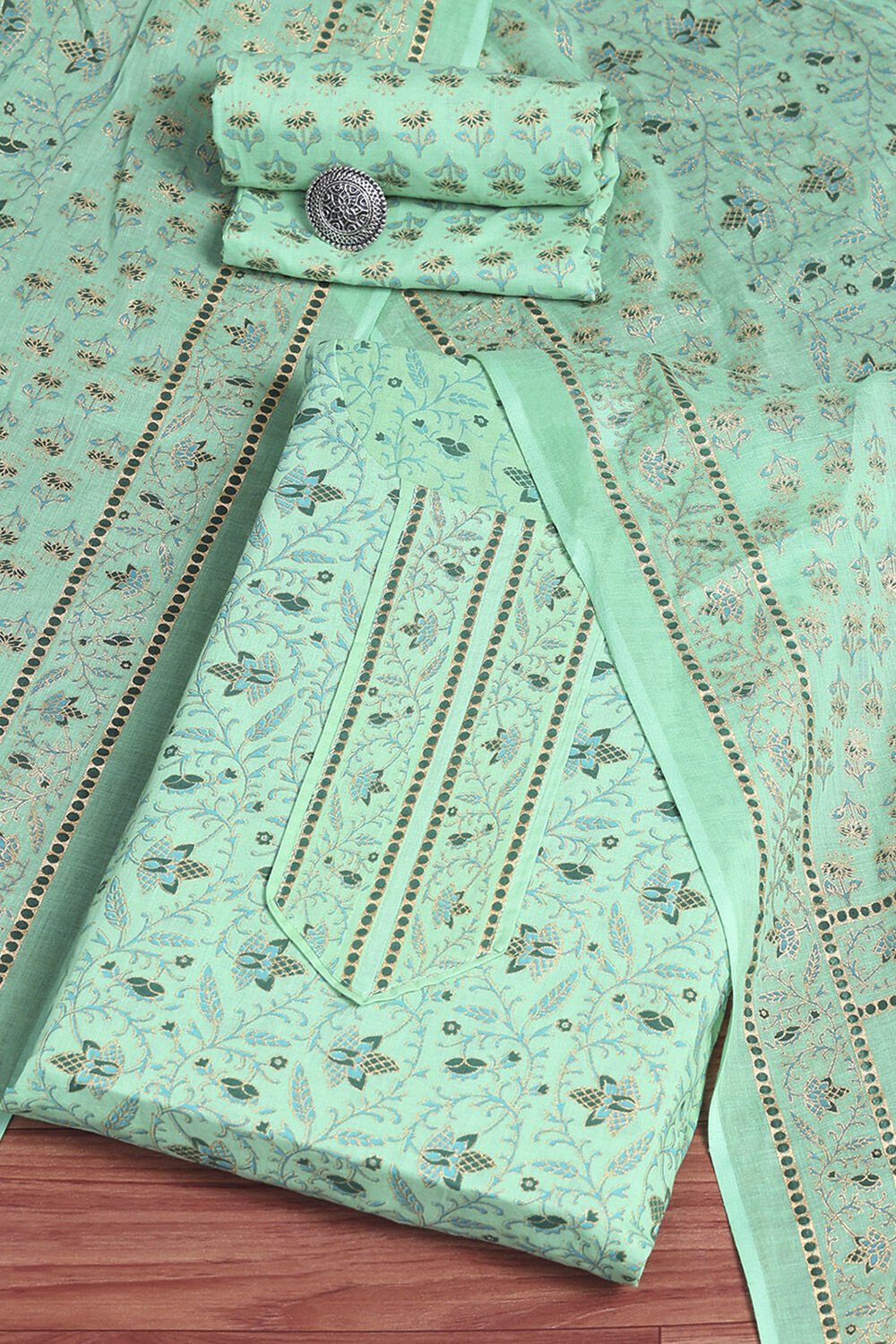 Green Cotton Screen Print Unstitched Suit Set image number 0