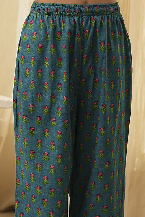 Teal Cotton Printed Straight Kurta Set image number 2