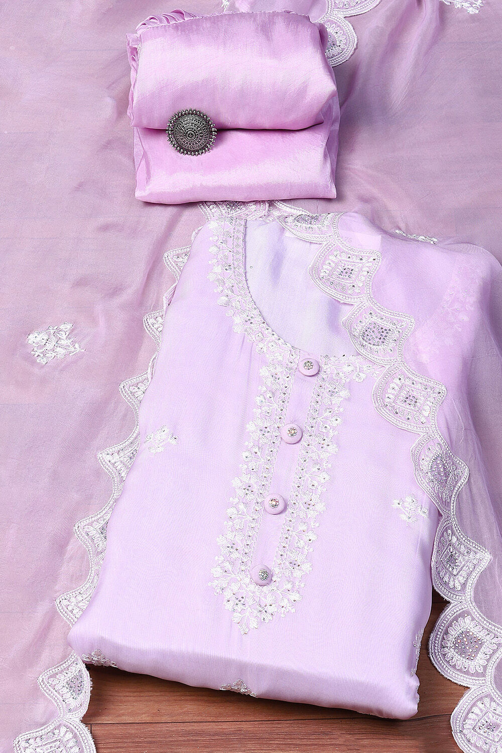 Pink Organza Digital Print Unstitched Suit Set image number 0