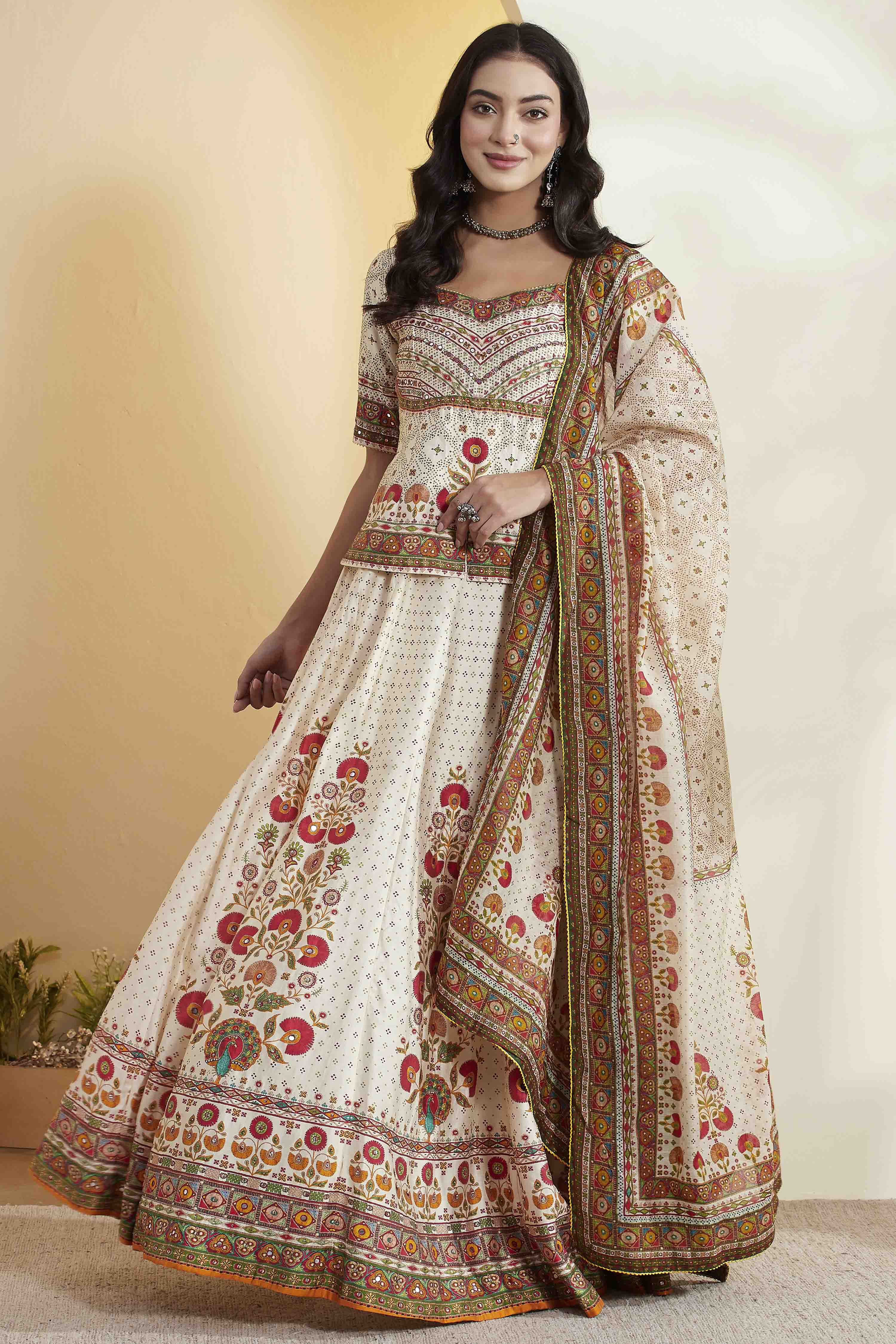 Off-White Cotton Silk Printed Straight Lehenga Set image number 7