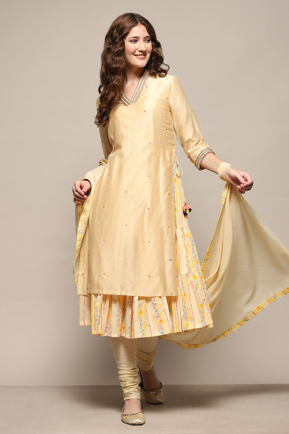 Beige Cotton Blend Embroidered Layered Suit Set image number 0