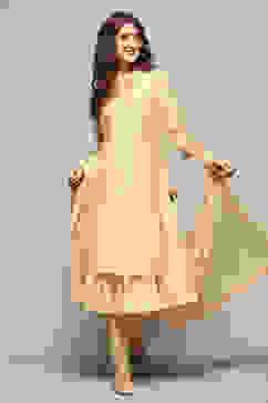 Beige Cotton Blend Embroidered Layered Suit Set image number 0