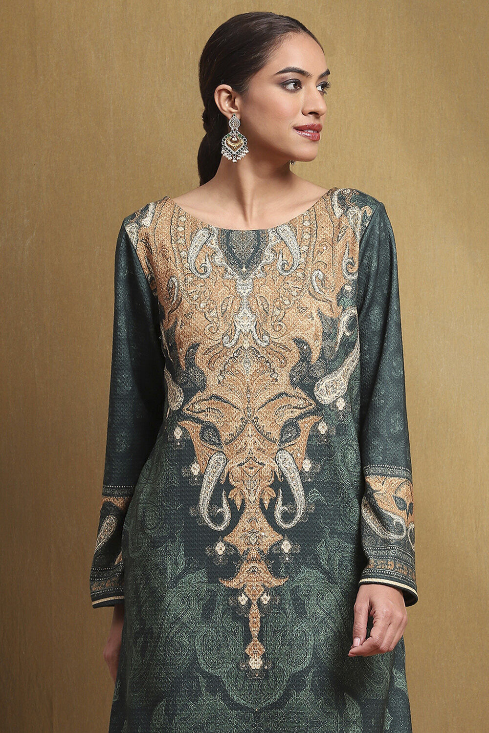 Teal Printed Straight Winter wear Kurta Set image number 1